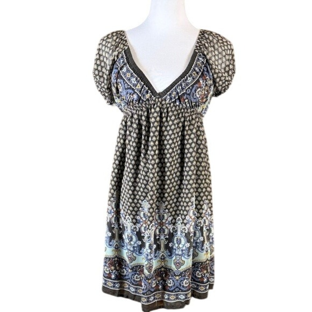 Bailey Blue Womens Paisley Empire‎ Waist Mini Dress Brown Blue V-Neck Size M